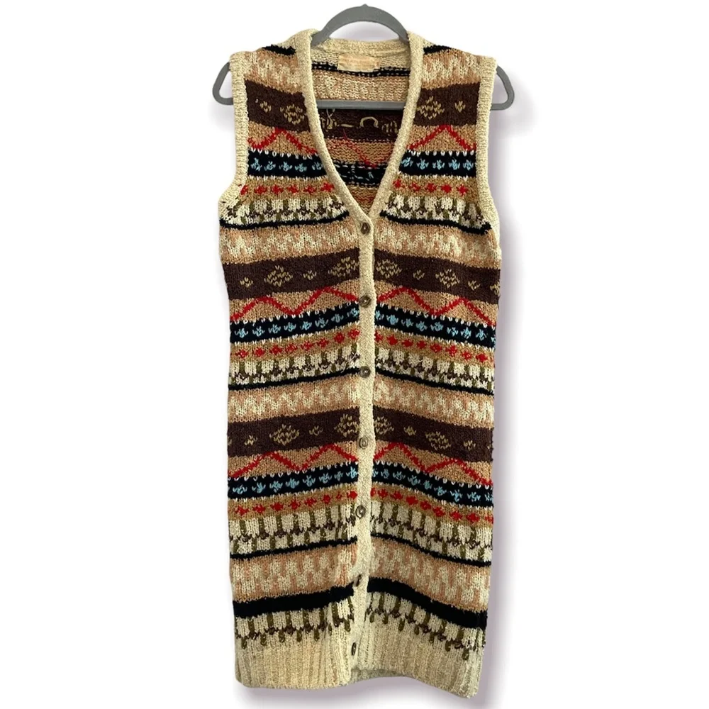 VINTAGE 70’s Sweater Vest Southwestern Fair Isle Buttoned Cardigan Small
